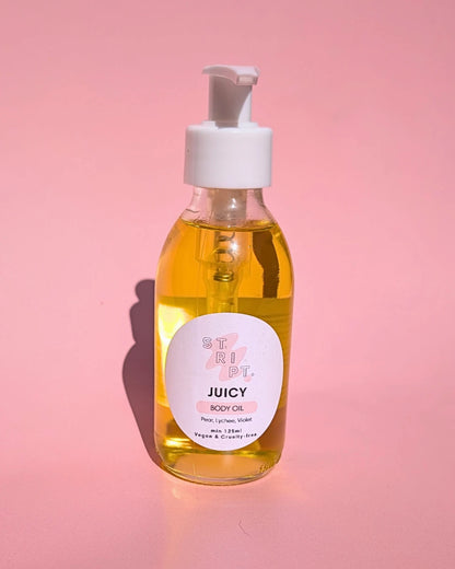 Juicy Body Oil by Stript Cosmetics | Handmade, Vegan Body Care | Glass bottle with white label and white pump
